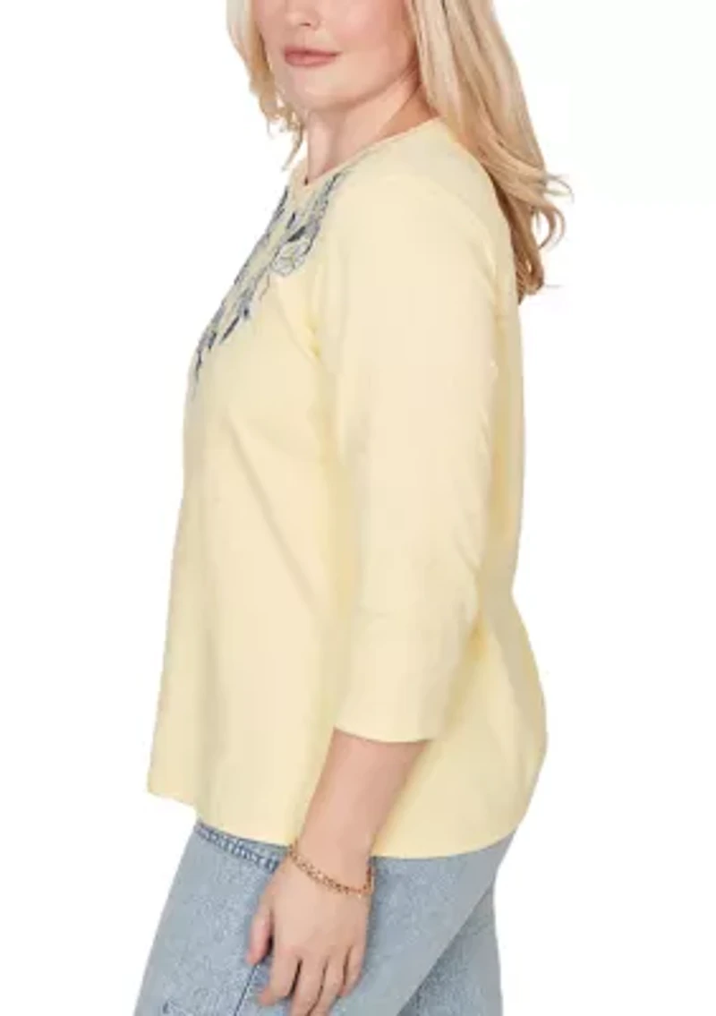 Petite Out Of The Blue Yoke Floral Embroidery Top