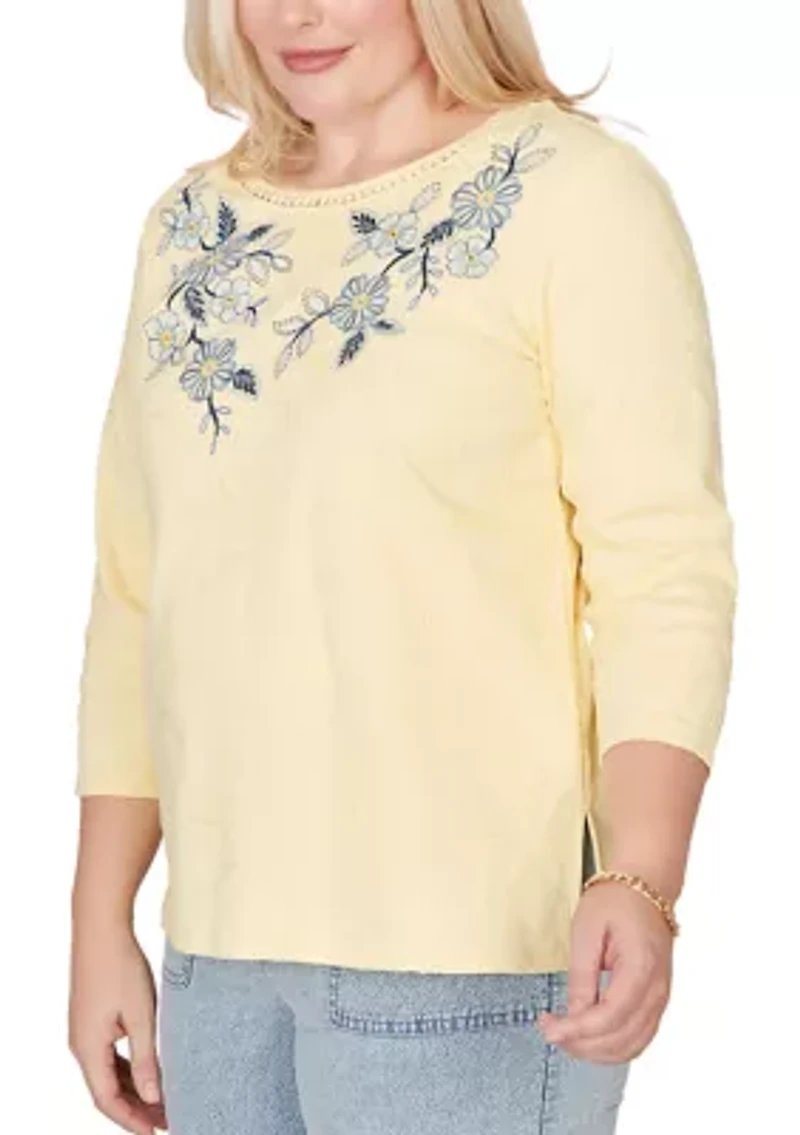 Petite Out Of The Blue Yoke Floral Embroidery Top
