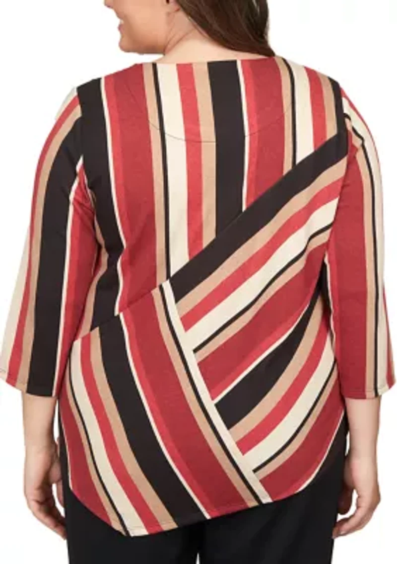 Plus Spliced Stripe Asymmetric Hem Top