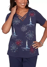 Women's Lady Liberty Statue Of Fireworks T-Shirt