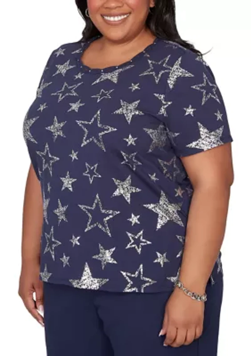 Plus Lady Liberty Foil Stars T-Shirt