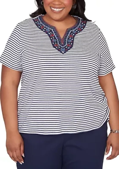 Plus Lady Liberty Embroidered Yoke Stripe T-Shirt