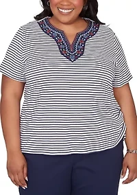 Plus Lady Liberty Embroidered Yoke Stripe T-Shirt