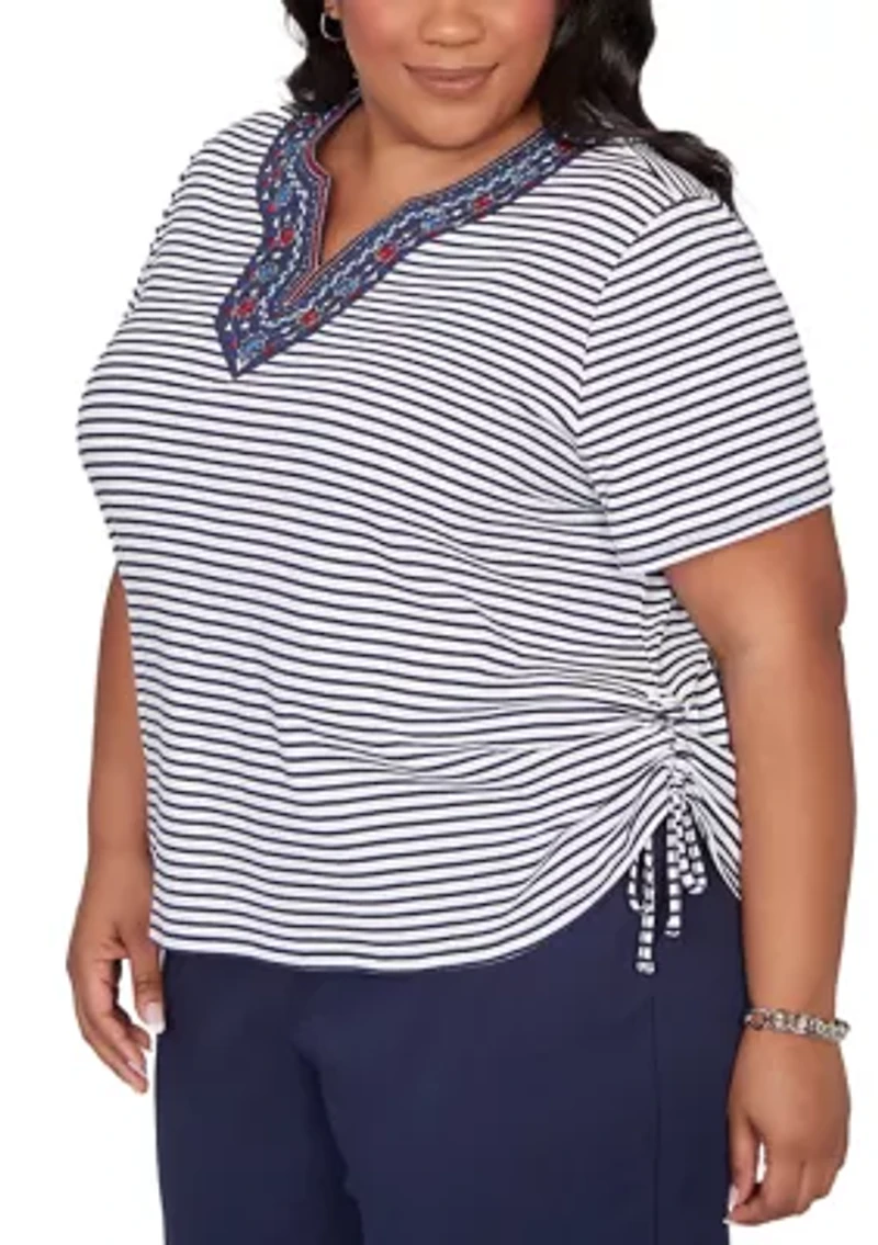 Plus Lady Liberty Embroidered Yoke Stripe T-Shirt