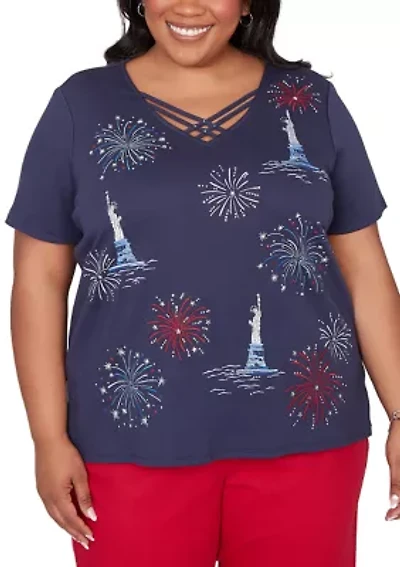Plus Lady Liberty Statue Of Fireworks T-Shirt
