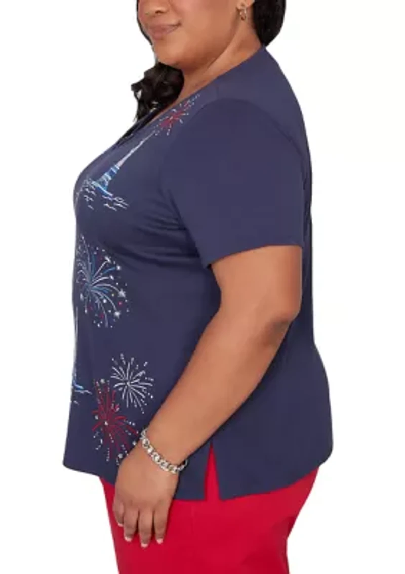 Plus Lady Liberty Statue Of Fireworks T-Shirt