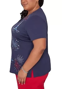 Plus Lady Liberty Statue Of Fireworks T-Shirt