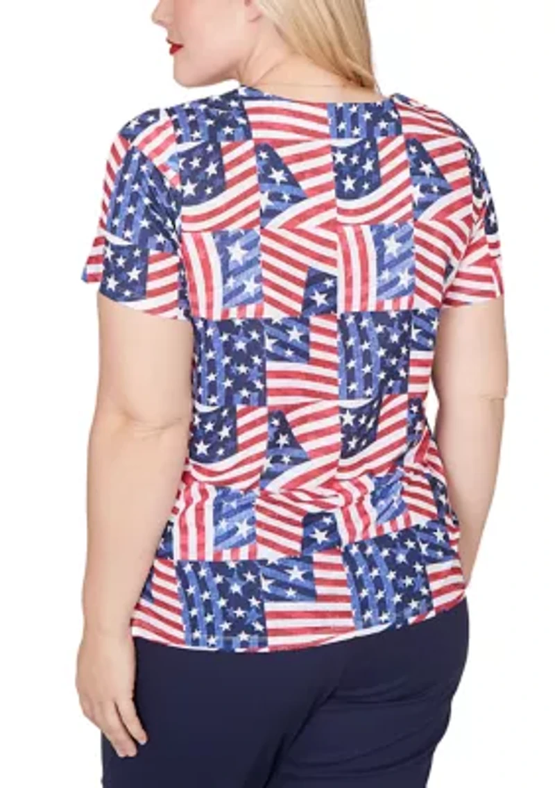 Petite Lady Liberty American Flag Patch T-Shirt