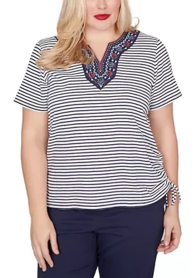 Petite Lady Liberty Embroidered Yoke Stripe Top