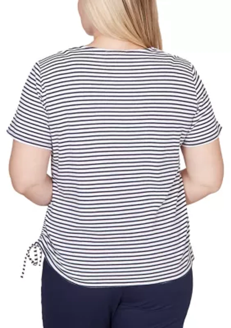 Petite Lady Liberty Embroidered Yoke Stripe Top