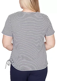 Petite Lady Liberty Embroidered Yoke Stripe Top