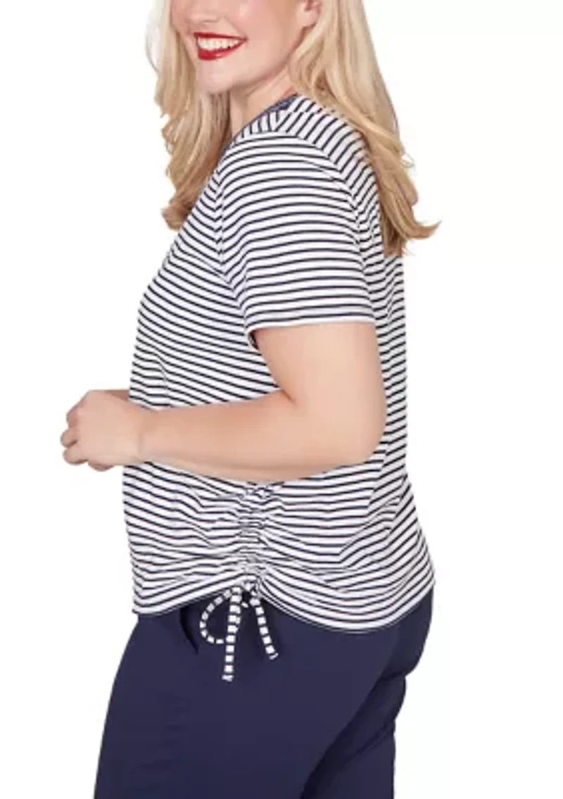 Petite Lady Liberty Embroidered Yoke Stripe Top