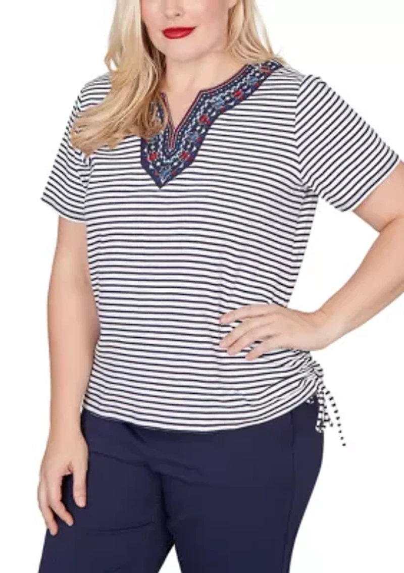 Petite Lady Liberty Embroidered Yoke Stripe Top