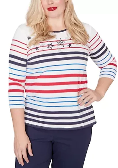 Petite Lady Liberty Stars And Stripes Embroidery Top