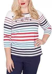 Petite Lady Liberty Stars And Stripes Embroidery Top