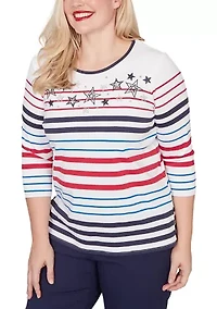 Petite Lady Liberty Stars And Stripes Embroidery Top