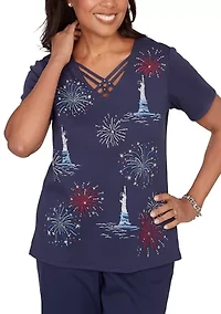 Petite Lady Liberty Statue Of Fireworks T-Shirt
