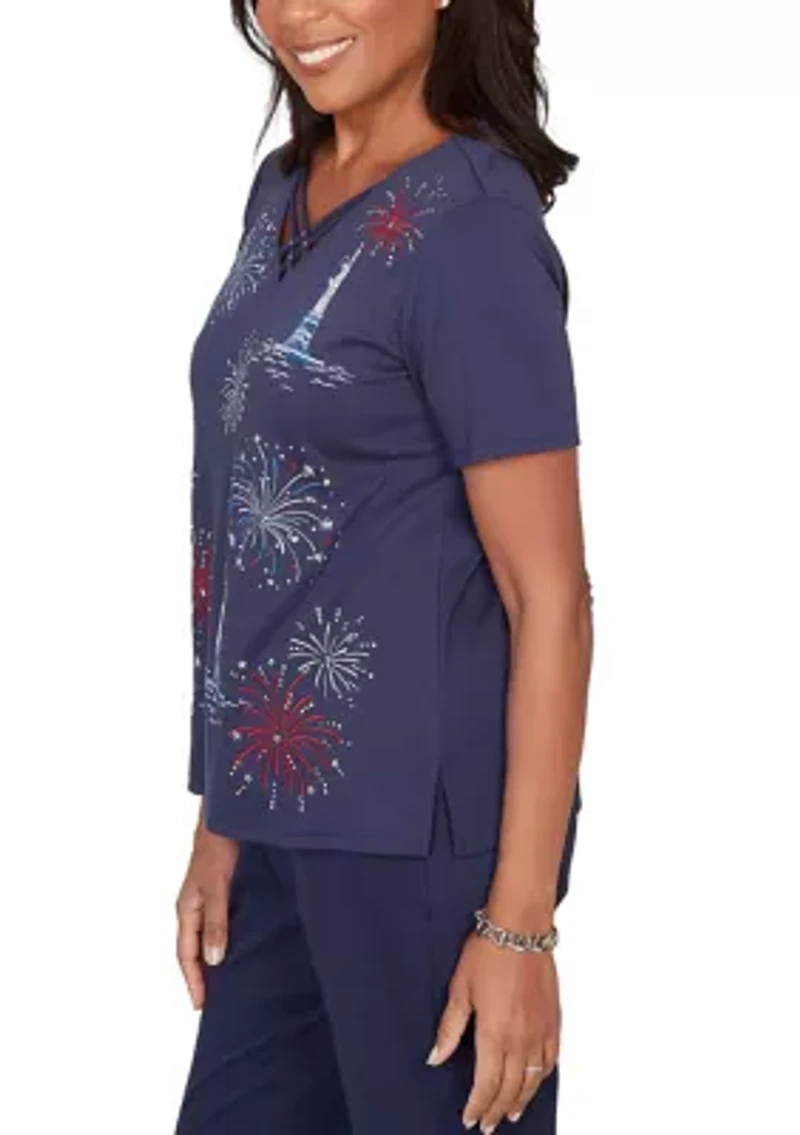 Petite Lady Liberty Statue Of Fireworks T-Shirt