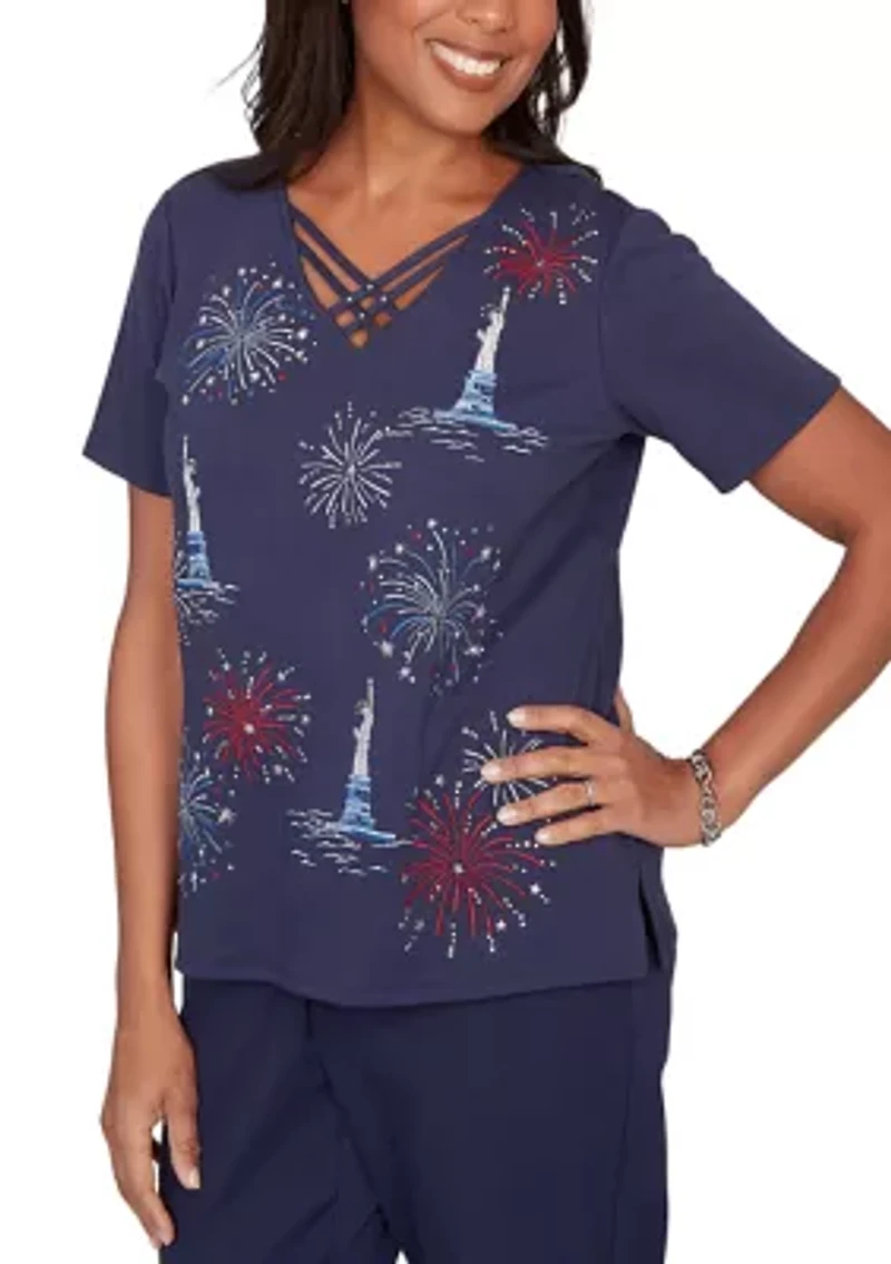Petite Lady Liberty Statue Of Fireworks T-Shirt