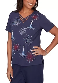 Petite Lady Liberty Statue Of Fireworks T-Shirt
