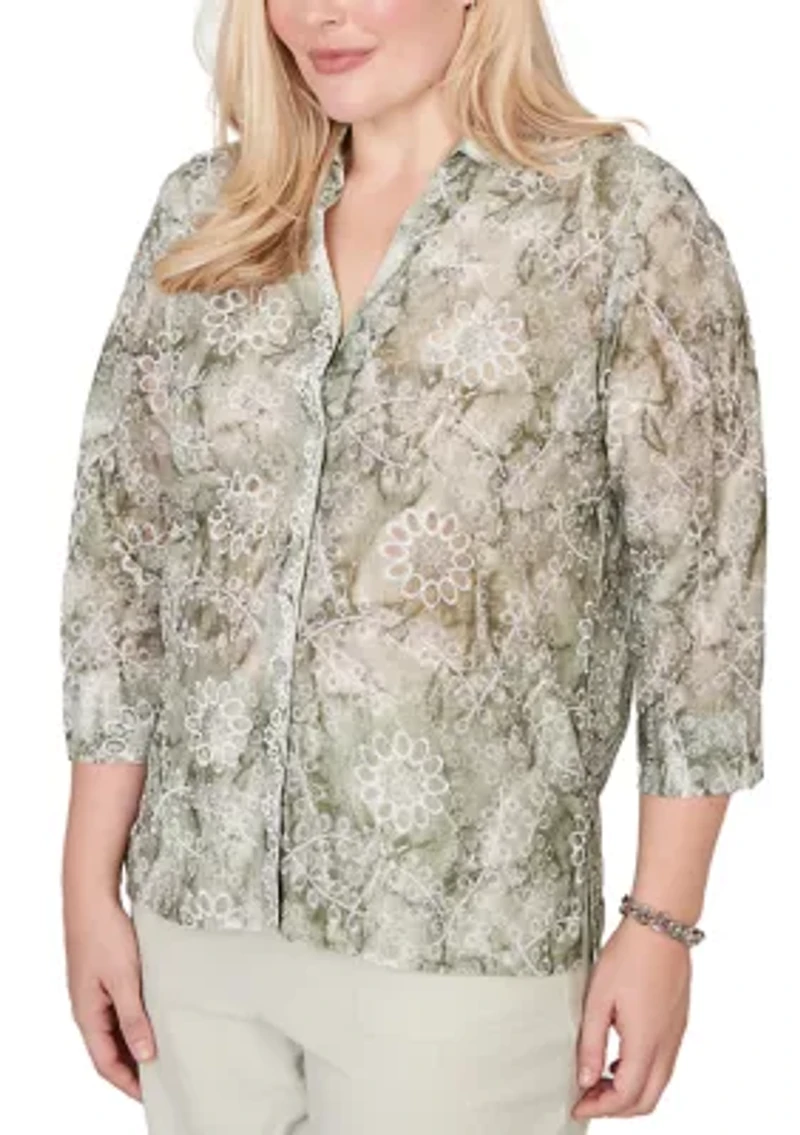 Petite Tie Dye Floral Monotone Woven Top