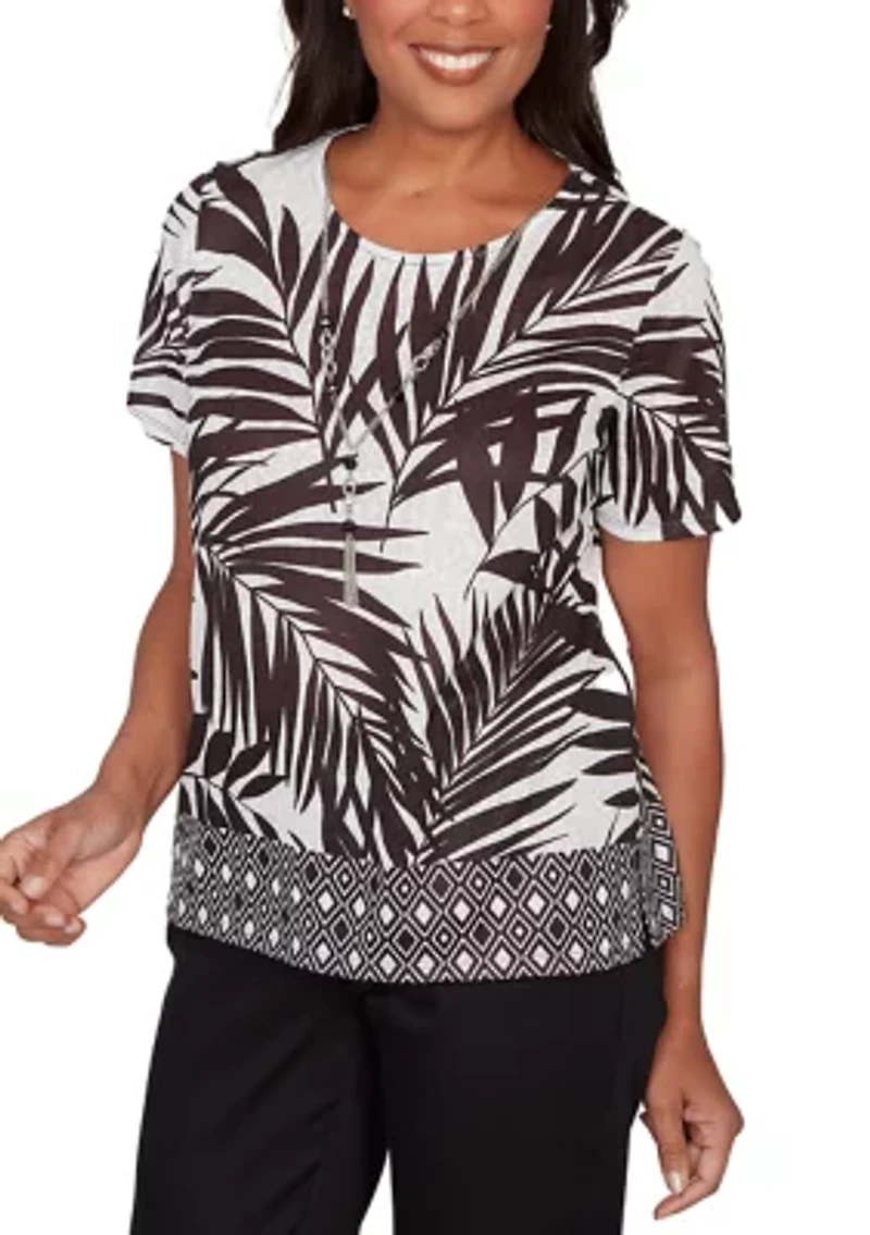 Women's Detail Driven Diamond Border Leaves T-Shirt