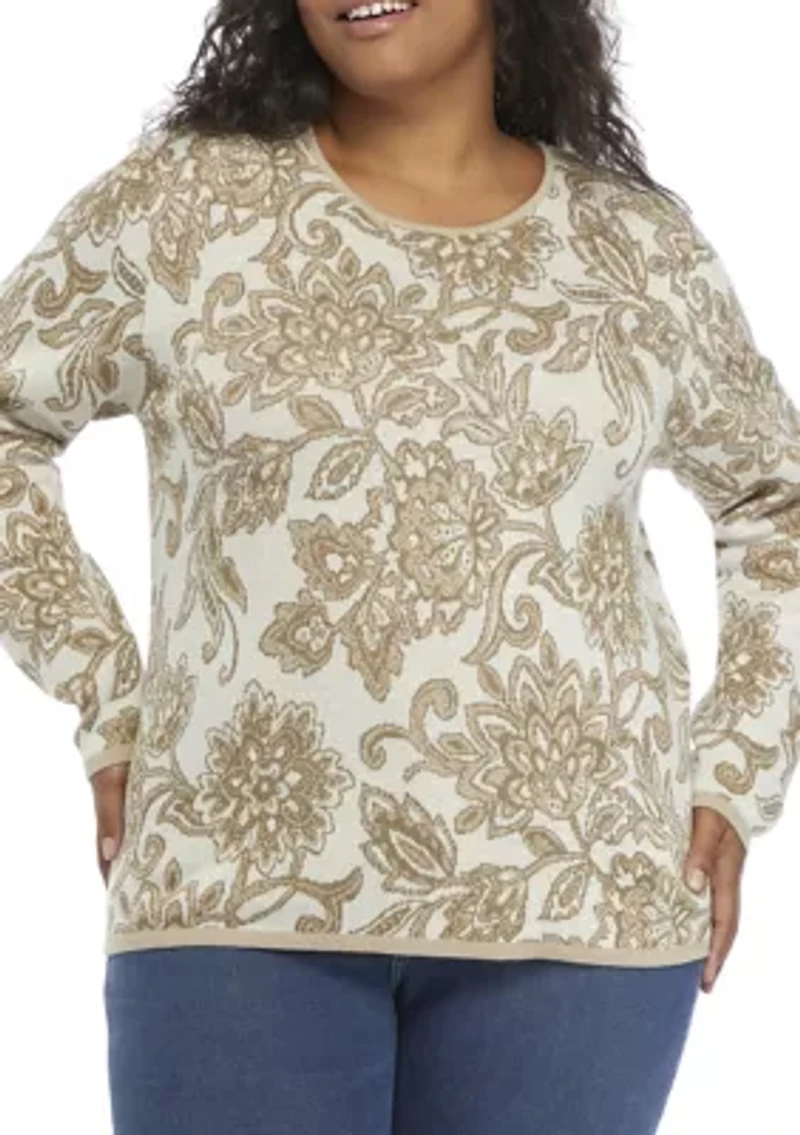 Plus Long Sleeve Floral Jacquard Sweater