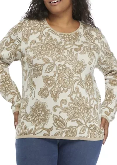 Plus Long Sleeve Floral Jacquard Sweater