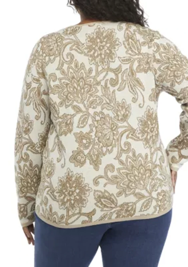 Plus Long Sleeve Floral Jacquard Sweater
