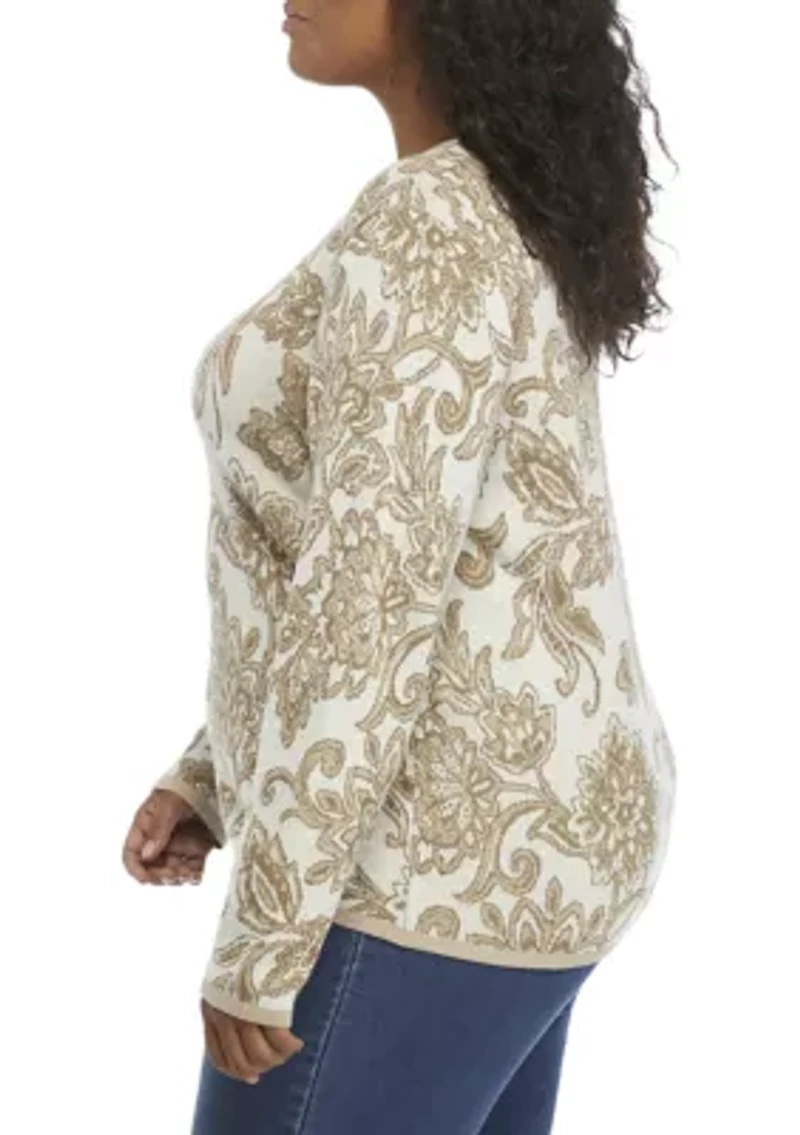 Plus Long Sleeve Floral Jacquard Sweater