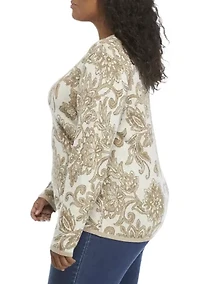 Plus Long Sleeve Floral Jacquard Sweater