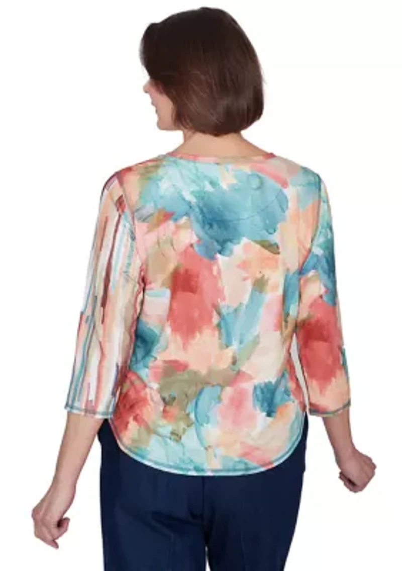 Petite Sedona Sky Spliced Floral Brushstroke Stripes Top