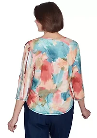 Petite Sedona Sky Spliced Floral Brushstroke Stripes Top