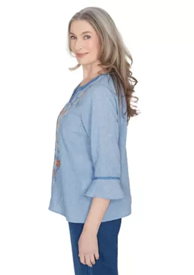 Petite Scottsdale Embroidered Scroll Center Top