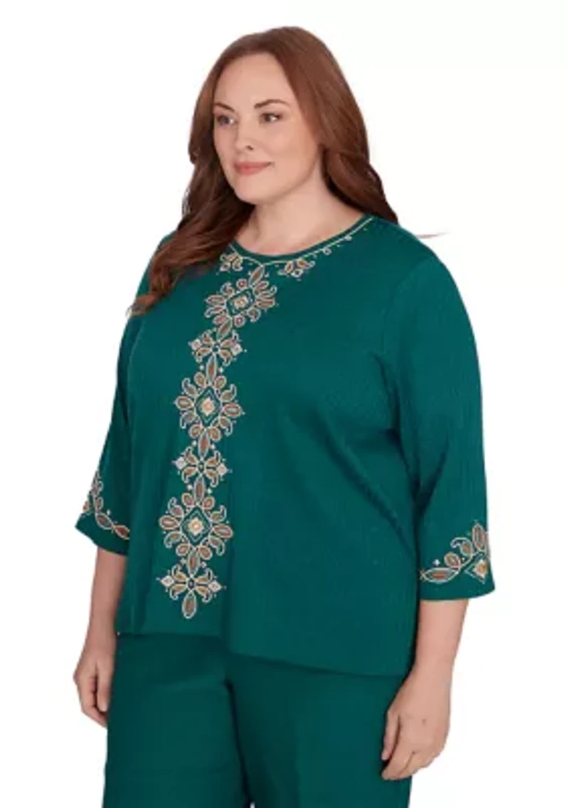 Plus Emerald Isle Center Medallion Embroidery Printed Top