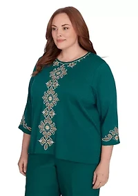 Plus Emerald Isle Center Medallion Embroidery Printed Top
