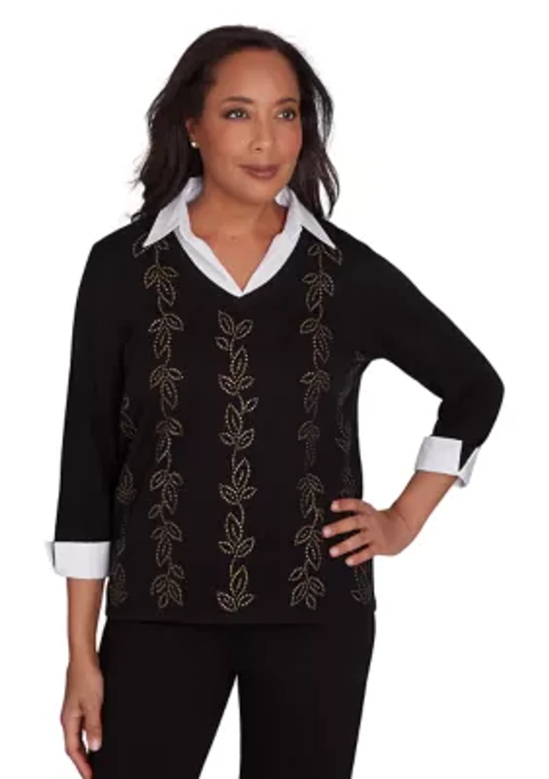 Petite Rue Rivoli Heat Set Leaf Embroidered Woven Trim Top