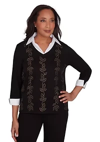 Petite Rue Rivoli Heat Set Leaf Embroidered Woven Trim Top