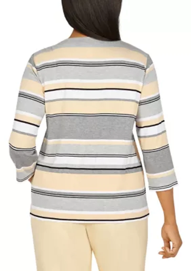 Petite 3/4 Sleeve Spliced Stripe Top