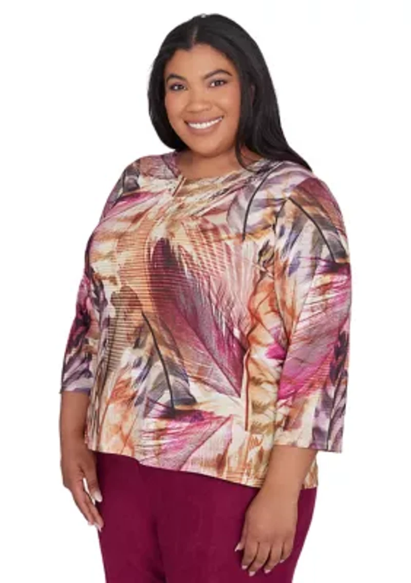Plus Wine Country Feathers Lace Neck Top