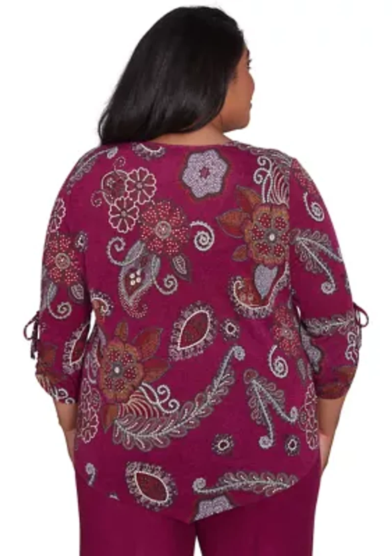 Plus Wine Country Melange Floral Medallion Top