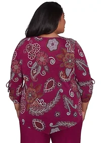 Plus Wine Country Melange Floral Medallion Top