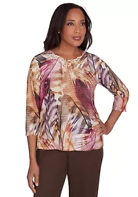 Petite Wine Country Feathers Lace Neck Top