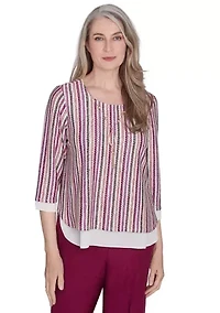 Petite Wine Country Stripe Metallic Texture with Woven Trim Top