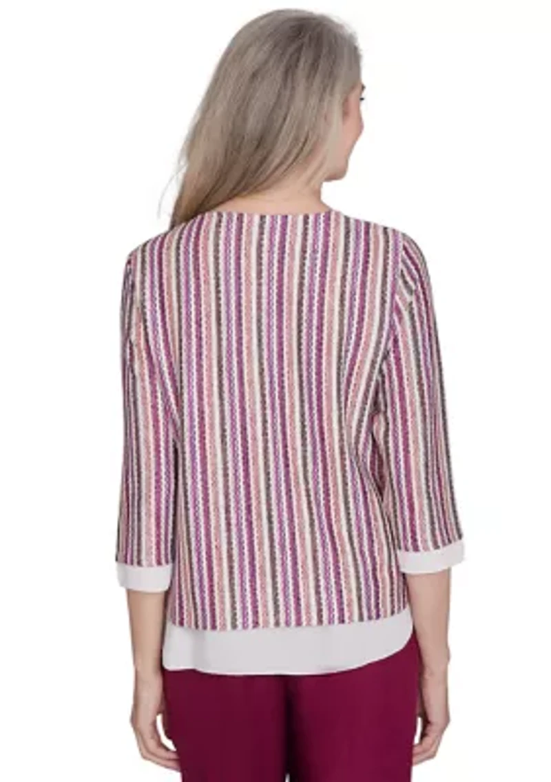 Petite Wine Country Stripe Metallic Texture with Woven Trim Top