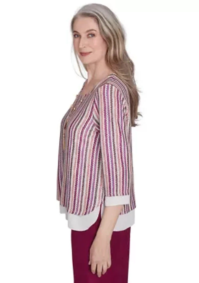 Petite Wine Country Stripe Metallic Texture with Woven Trim Top