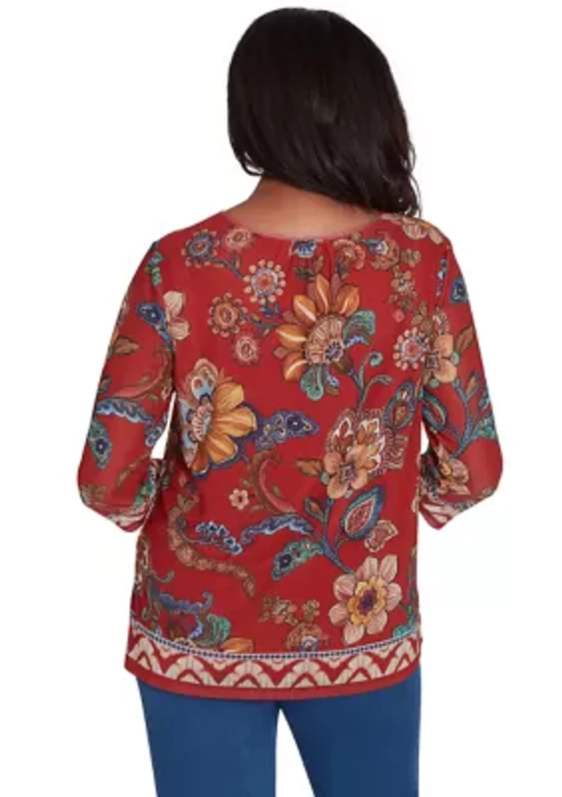 Women's Harvest Moon Floral Border Mesh Top