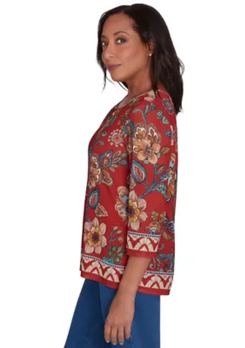 Women's Harvest Moon Floral Border Mesh Top