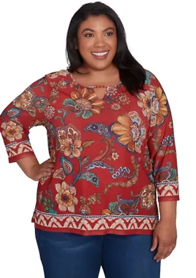 Plus Harvest Moon Floral Border Mesh Top