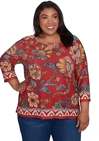 Plus Harvest Moon Floral Border Mesh Top